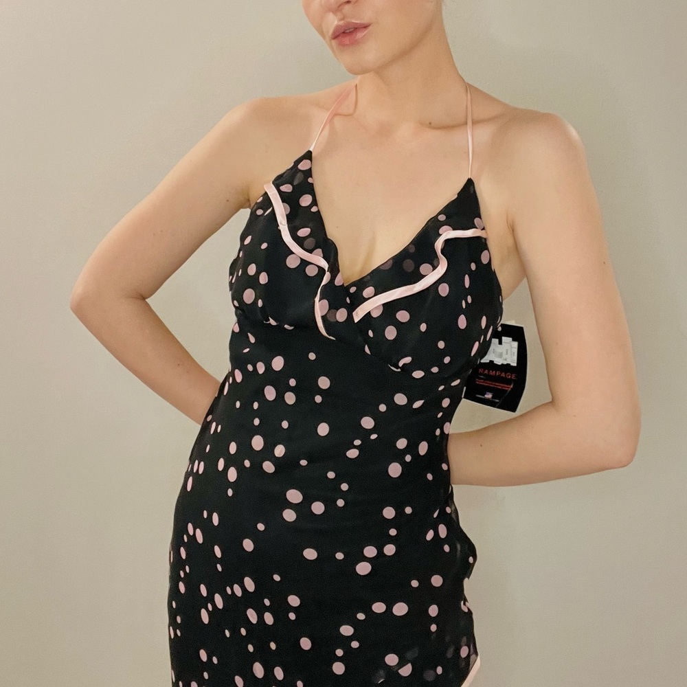 Y2K black and pink ruffle halter tie midi dress